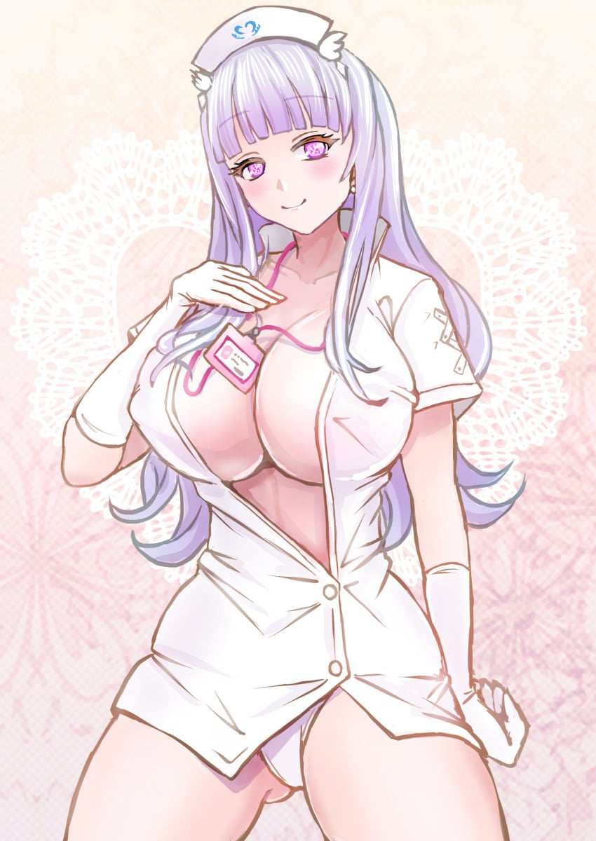 1girl azur_lane blunt_bangs breasts covered_erect_nipples cowboy_shot dress gloves hat highres huge_breasts lanyard long_hair no_bra nurse nurse_cap panties partially_unbuttoned pink_background pink_eyes plymouth_(an_angelic_physical)_(azur_lane) plymouth_(azur_lane) purple_hair sai-go short_dress short_sleeves smile solo underwear white_gloves white_panties