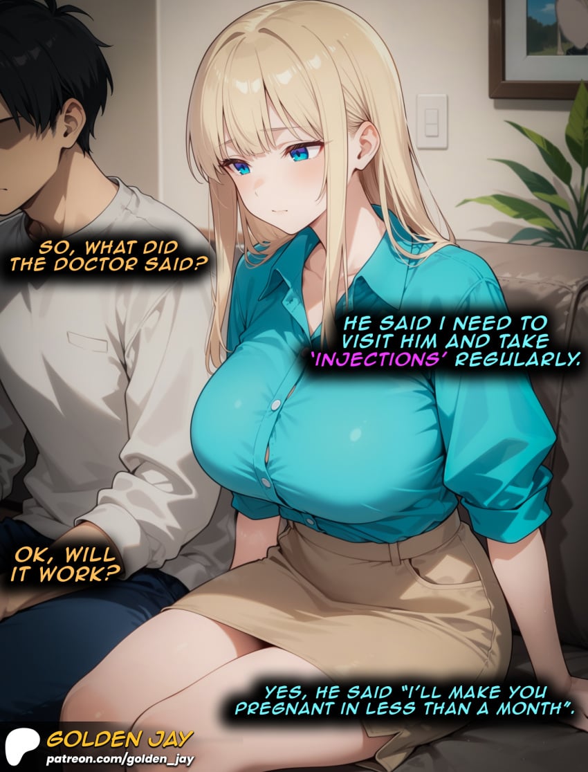 ai_generated big_breasts blonde_hair blue_eyes cheating comic cuckold english_text golden_jay long_hair manga netorare ntr pale-skinned_female skirt straight_hair text thick wife