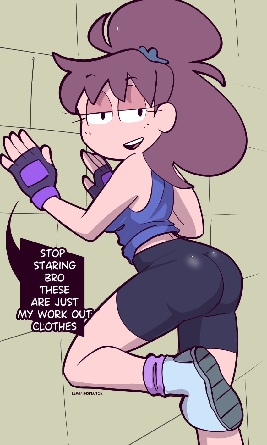 ass_focus leaning_against_wall lewd_inspector lily_(day_job) spats workout_clothes