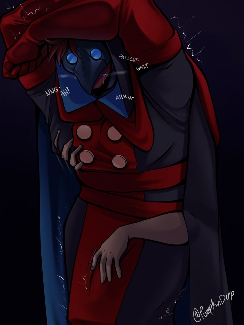 black_and_red blue_eyes blue_eyes_male clothed clothed_male clothed_sex doctor_(the_freak_circus) drool drool_on_face drooling hand_on_breast hand_on_penis looking_pleasured mask masked masked_male red_gloves red_hair redhead shivering shivering_in_delight solo solo_focus solo_male the_freak_circus touching_breasts touching_cock touching_crotch touching_penis