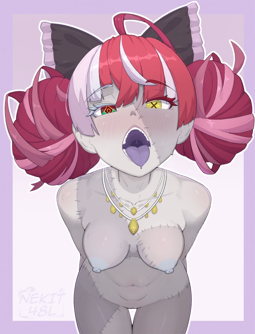 1girl ahoge alt_text artist_name border bow breasts colored_skin colored_tongue commentary completely_nude cowboy_shot diamond-shaped_pupils diamond_(shape) english_commentary grey_skin hair_bow hair_ornament hair_ribbon heterochromia highres hololive hololive_indonesia kureiji_ollie long_hair looking_at_viewer mismatched_pupils multicolored_hair nekit48l nipples nude open_mouth outside_border patchwork_skin purple_border purple_tongue red_eyes red_hair ribbon self-upload simple_background small_breasts solo stitched_face stitches symbol-shaped_pupils teeth tongue tongue_out two-tone_hair undead virtual_youtuber white_hair x-shaped_pupils yellow_eyes zombie