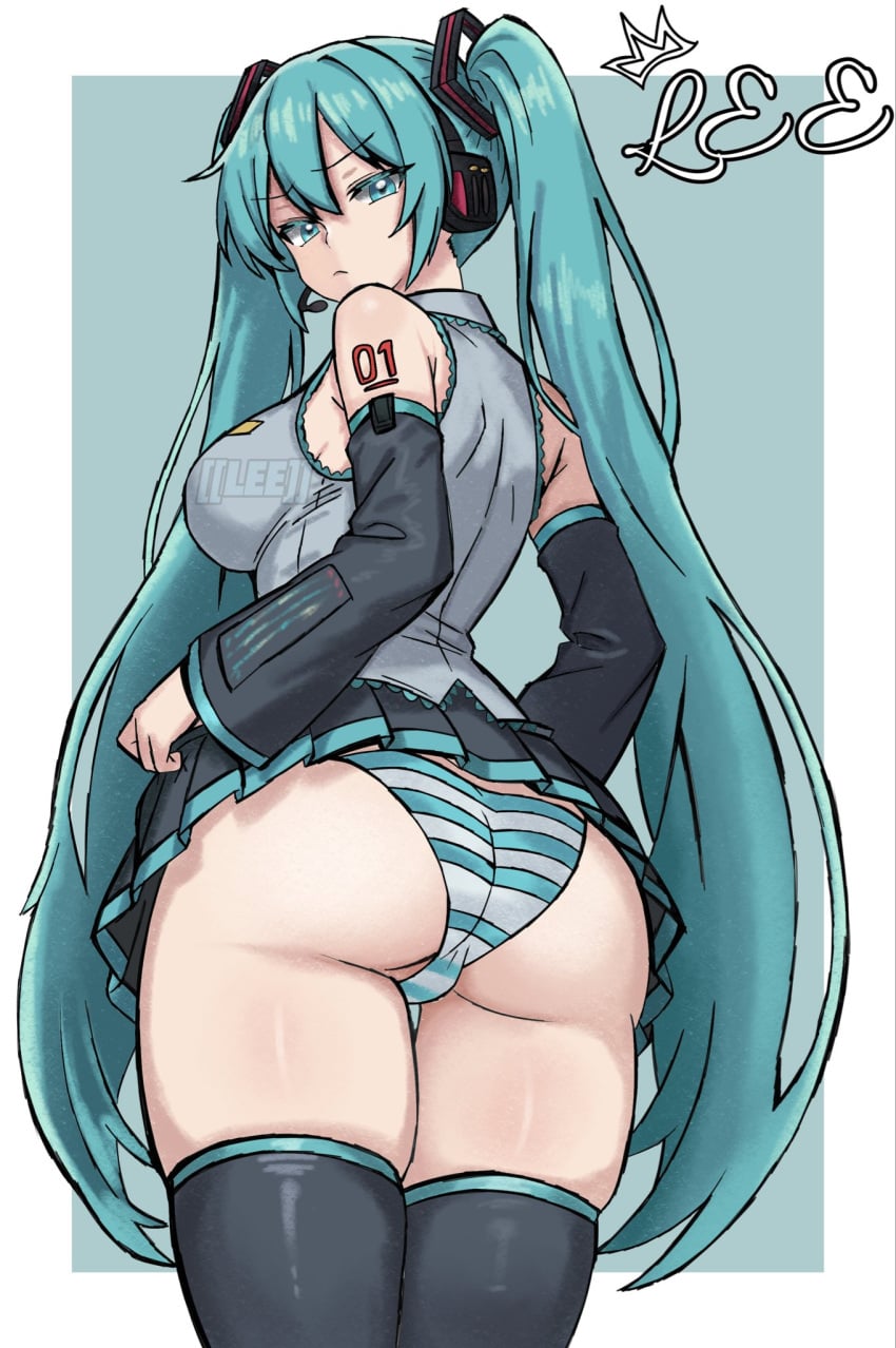 1girl 1girls aqua_eyes aqua_hair ass black_legwear breasts detached_sleeves from_behind hatsune_miku headset leelee_903 long_hair looking_at_viewer looking_back panties shoulder_tattoo skirt solo striped striped_panties tattoo thighhighs twintails underwear very_long_hair vocaloid