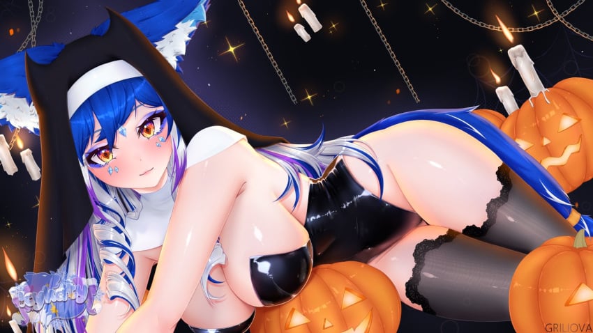 big_breasts blue_hair bunnysuit character_request german_vtuber halloween halloween_costume halloween_theme indie_virtual_youtuber lewdtuber long_hair nun_hat stockings virtual_youtuber vtuber wolf_ears wolf_girl wolf_tail