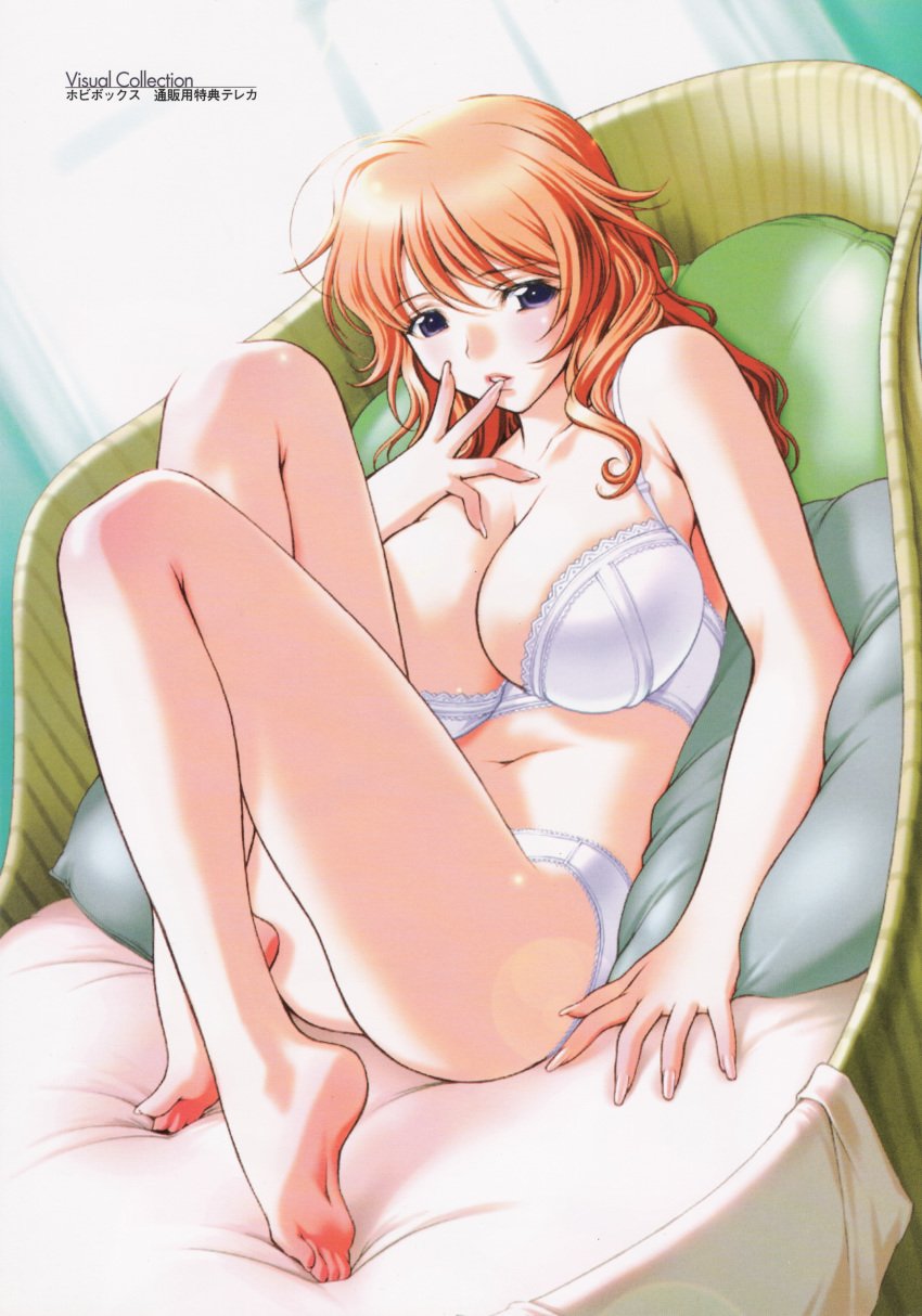 ahoge arm_support barefoot blue_eyes blush body_blush bra breasts chair cleavage dutch_angle feet female finger_to_mouth fingernails futago_no_bosei_honnou futago_no_haha_seihonnou high_resolution huge_breasts indoors kusunoki_tomoe lace lace-trimmed_bra lace-trimmed_panties legs_up lens_flare lingerie lipstick long_fingernails long_hair long_toenails looking_at_viewer lying makeup milf navel official_art on_back orange_hair panties parted_lips payot pillow profile reclining redhead sano_toshihide scan sitting soles solo striped tiptoes toenails underwear underwear_only wavy_hair white_bra white_panties window