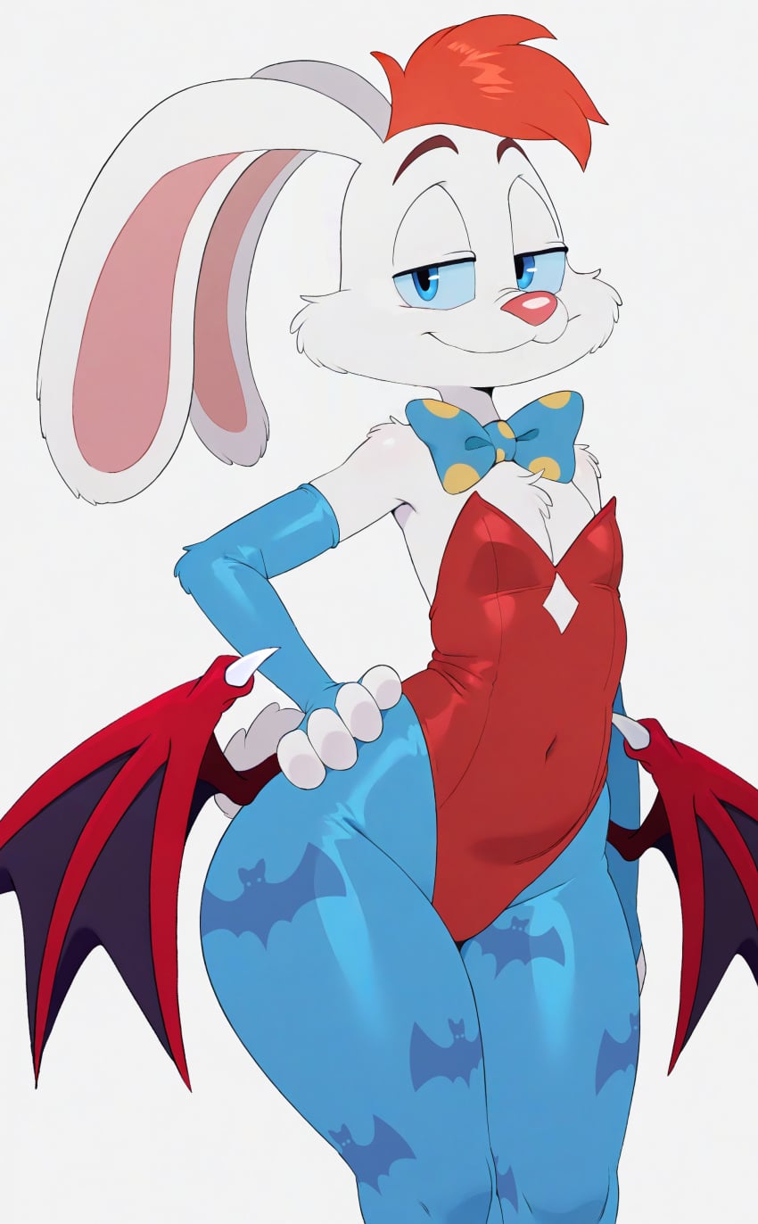 1boy bat_print bat_wings bowtie capcom clothing_cutout cosplay crossover crossover_cosplay darkstalkers disney eastern_and_western_character femboy fingerless_gloves hair half-closed_eyes hand_on_hip leotard lilith_aensland lilith_aensland_(cosplay) male_only mammal pantyhose rabbit roger_rabbit smile solo succubus thick_thighs vampire_savior white_background who_framed_roger_rabbit wide_hips