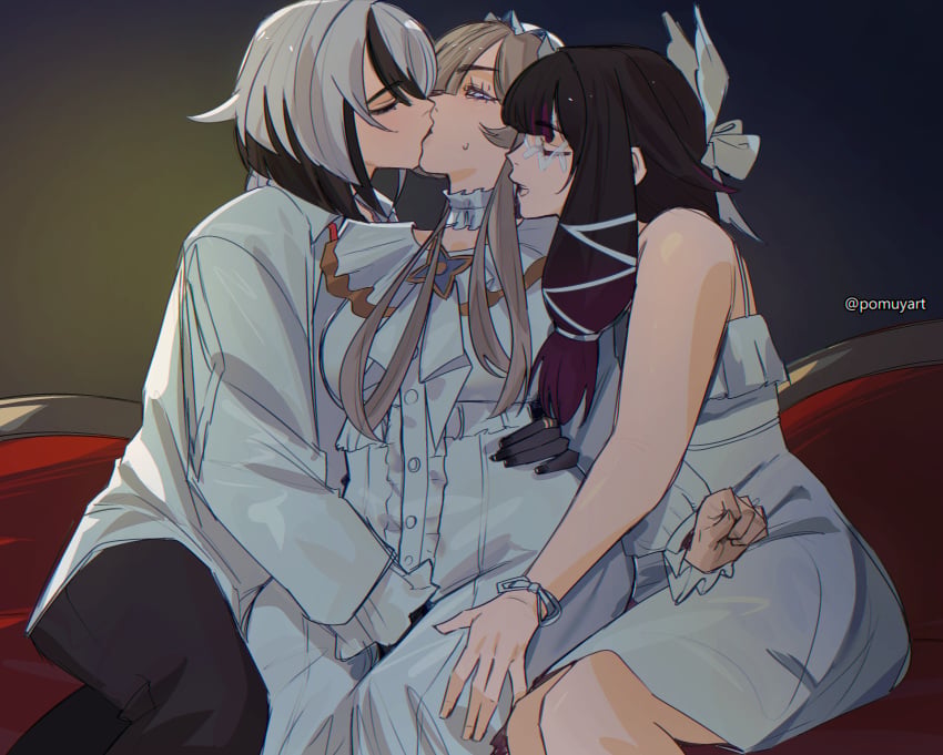 3girls arlecchino_(genshin_impact) blonde_hair blue_eyes breasts brown_hair closed_eyes clothing columbina_(genshin_impact) female_only fff_threesome fingering fully_clothed genshin_impact groping_through_clothes hand_between_legs hips hoyoverse imminent_sex kissing lesbian lesbian_kiss lesbian_threesome light-skinned_female mihoyo multicolored_hair pomuya sandrone_(genshin_impact) sitting_on_bed sweat thighs threesome white_hair yuri