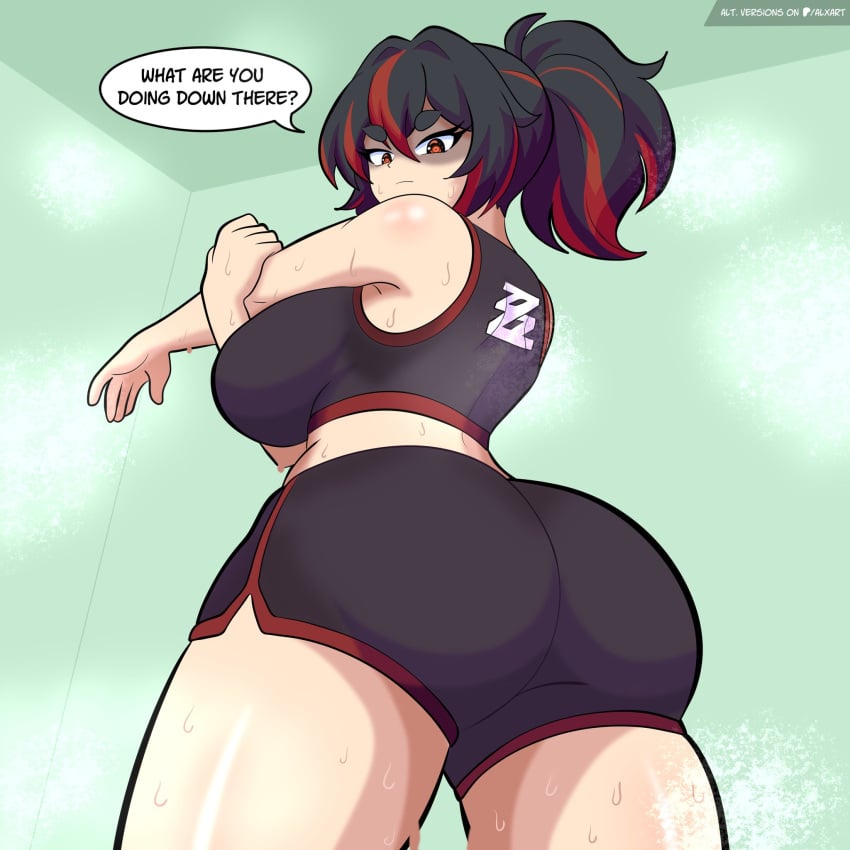 alxart ass big_ass big_breasts big_butt breasts gym gym_clothes hoyoverse looking_at_viewer steamy sweat tagme thick_thighs zenless_zone_zero zhu_yuan
