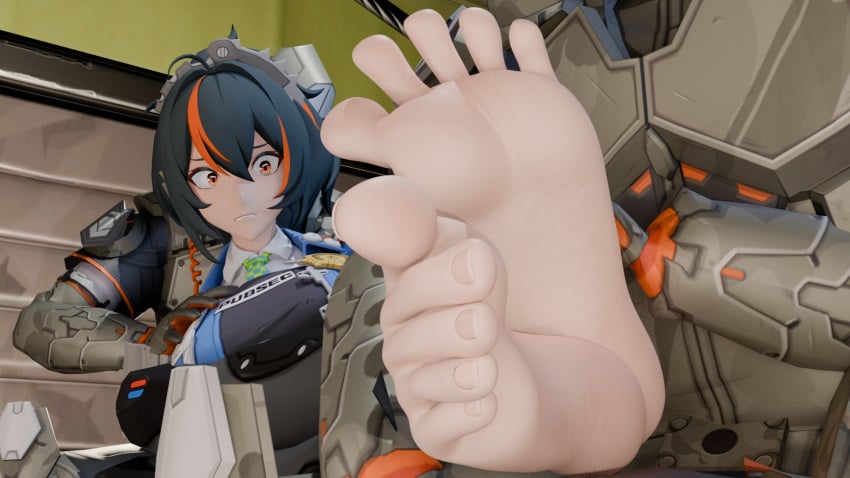 1girl 1girl2boys 2boys 3d 3d_(artwork) feet feet_fetish feet_focus foot foot_fetish foot_focus scared scared_expression soles soles_fetish soles_focus trapped twintails3d zenless_zone_zero zhu_yuan