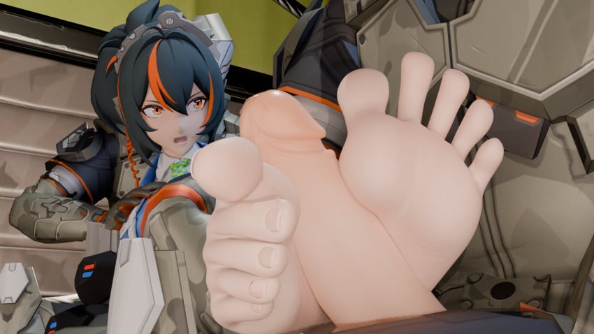 1girl 1girl2boys 2boys 3d 3d_(artwork) cock_between_feet feet feet_fetish feet_focus feet_on_penis foot foot_fetish foot_focus footjob soles soles_fetish soles_focus trapped twintails3d zenless_zone_zero zhu_yuan