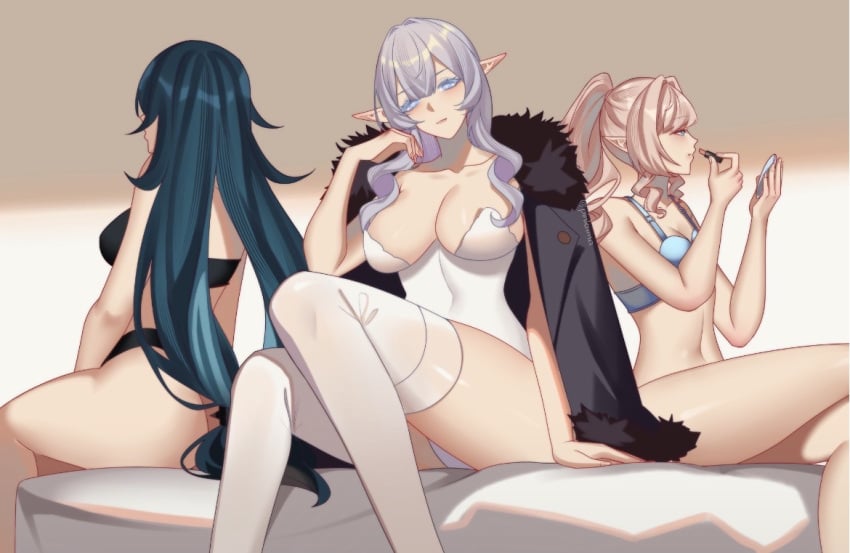 3girls bangs bed belly belly_button bra breasts coat curly_hair curves danica_(genshin_impact) fancy_clothing fur_coat genshin_impact green_hair hair_between_eyes hips light_purple_hair long_ears long_hair makeup medium_breasts midriff multiple_girls panties pink_hair ponytail putting_on_lipstick straight_hair thighhighs thighs tsaritsa_(genshin_impact) vesna