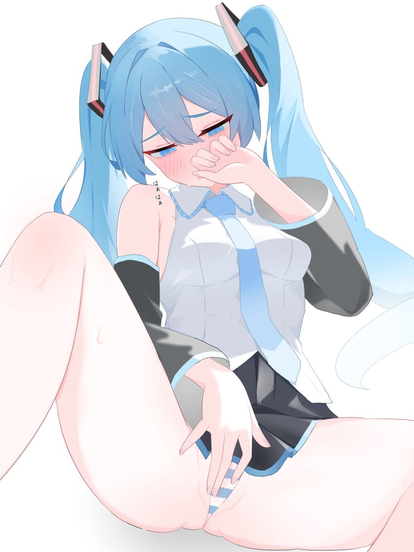 1girl absurdres black_skirt black_sleeves blue_eyes blue_hair blush breasts detached_sleeves embarrassed female_masturbation hair_between_eyes hair_intakes half-closed_eyes hatsune_miku highres long_hair looking_down masturbation masturbation_through_clothes medium_breasts miniskirt panties partially_visible_vulva shirt sidelocks sitting skirt solo striped_clothes striped_panties twintails underwear vocaloid white_shirt y_vdo