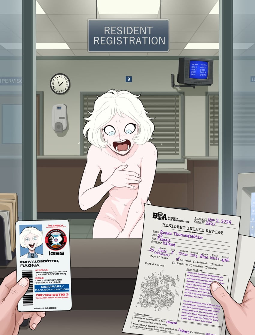1girls albino breasts completely_nude covering embarrassed female freya_(hellonearthiii) hellonearthiii nude pripyatory_(hellonearthiii) tagme