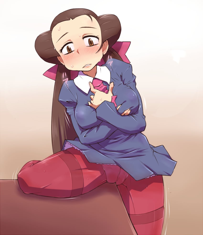 bad_id bad_pixiv_id blush bow breast_hold breasts brown_eyes brown_hair crotch_rub deep_skin female fully_clothed game_freak gym_leader hairbow highres human human_only hun long_hair masturbation necktie nintendo panties panties_under_pantyhose pantyhose pink_legwear pokemon pokemon_rse roxanne_(pokemon) solo source_request sweat table table_humping tied_hair twintails underwear vagina very_long_hair year_request