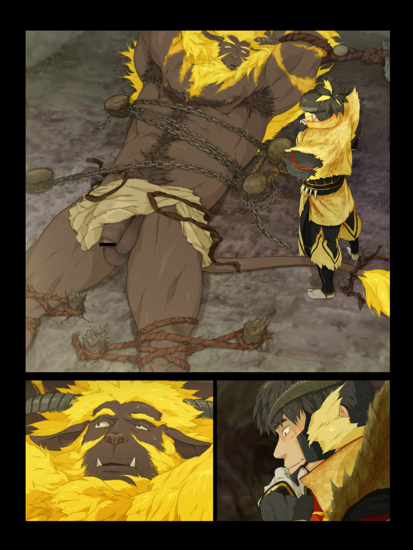 armor balls capcom chains fanged_beast gay golden_(armor) horn human hunter_(monster_hunter) kfutaba lying male monster_hunter monster_hunter_2 muscles penis rajang source_request video_games year_request