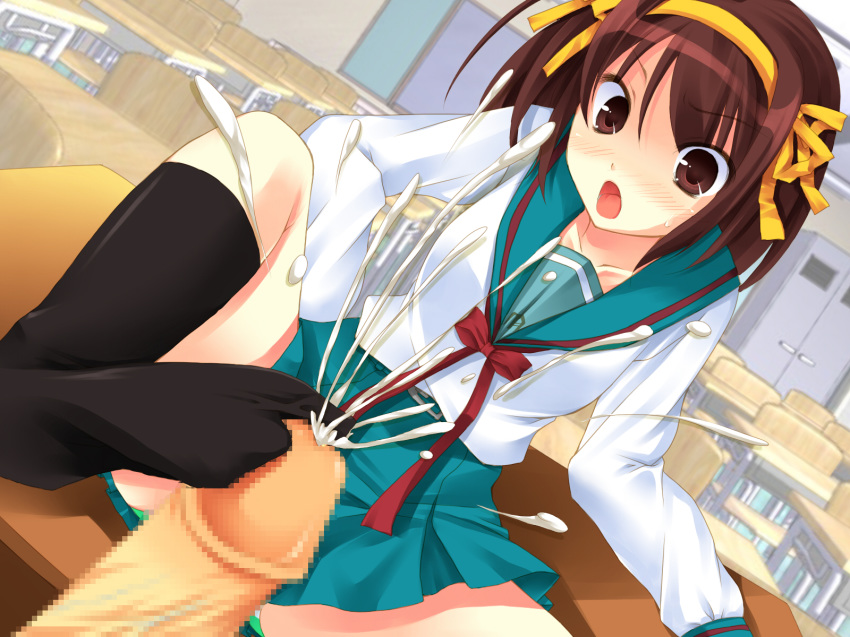 blush brown_hair censored cum ejaculation feet female footjob footwear highres penis school_uniform short_hair socks suzumiya_haruhi suzumiya_haruhi_no_yuuutsu tsumugisou