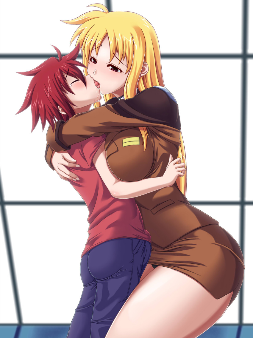 blonde_hair blush breasts erio_mondial fate_testarossa highres kissing large_breasts long_hair lyrical_nanoha mahou_shoujo_lyrical_nanoha mahou_shoujo_lyrical_nanoha_strikers tsab_ground_military_uniform