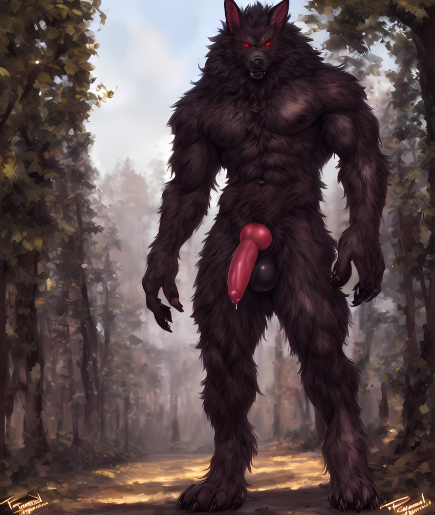 2022 absurd_res ai_generated animal_genitalia animal_penis anthro attempted_signature balls biped black_body black_fur black_nose bodily_fluids canid canine canine_genitalia canine_penis canis cynfall digitigrade erection forest fur furry genital_fluids genitals hi_res inner_ear_fluff knot looking_at_viewer male male_only mammal muscular muscular_male nude open_mouth penis plant presenting presenting_penis red_eyes shoulder_tuft solo standing tree tuft were werecanid werecanine werewolf wolf