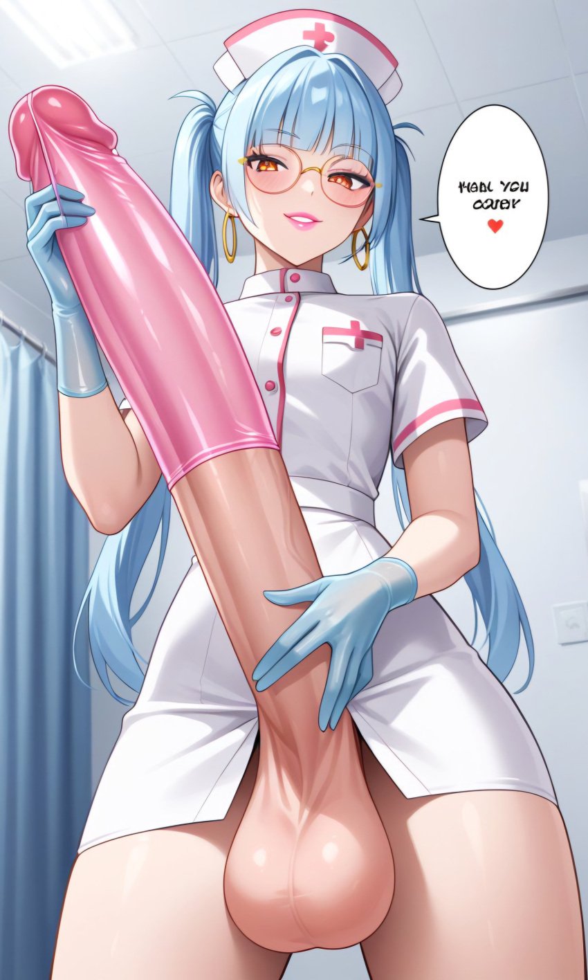 1boy ai_generated blue_hair brown_eyes condom condom_on_penis earrings femboy glasses gloves hoop_earrings hospital huge_cock hung_trap latex_gloves light_blue_hair lipstick long long_hair looking_at_viewer nurse nurse_cap nurse_uniform pink_lipstick pov round_glasses skinny taker_pov twintails