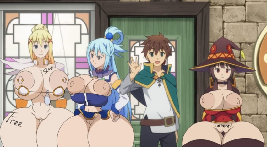 aqua_(konosuba) body_writing condom darkness_(konosuba) edit huge_ass huge_breasts kono_subarashii_sekai_ni_shukufuku_wo! megumin micro_bikini microskirt miniskirt nipple_piercing screenshot_edit tattoo used_condom useless_clothing