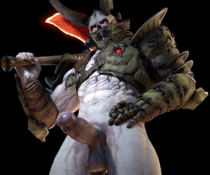 armor armwear axe below_view demon doom erection fu2e7 gloves hand_on_hip horns humanoid_penis looking_at_viewer male_only marauder_(doom) mask monster penis solo weapon weapon_over_shoulder white_skin