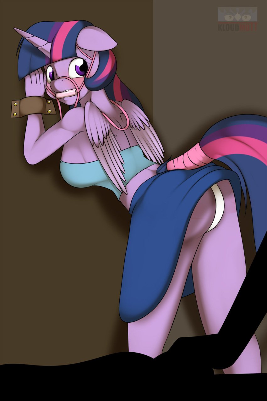 2013 2:3 alicorn anthro anthrofied ass bit_gag blush bondage bottomwear bound bridle clothing digital_media_(artwork) equid equine feathered_wings feathers female friendship_is_magic fur gag gagged hasbro hi_res horn kloudmutt looking_at_viewer looking_back mammal multicolored_hair my_little_pony mythological_creature mythological_equine mythology panties purple_body purple_eyes purple_feathers purple_fur purple_hair rope silhouette skirt solo straps submissive submissive_female tail tail_wraps twilight_sparkle_(mlp) two_tone_hair underwear wings wraps