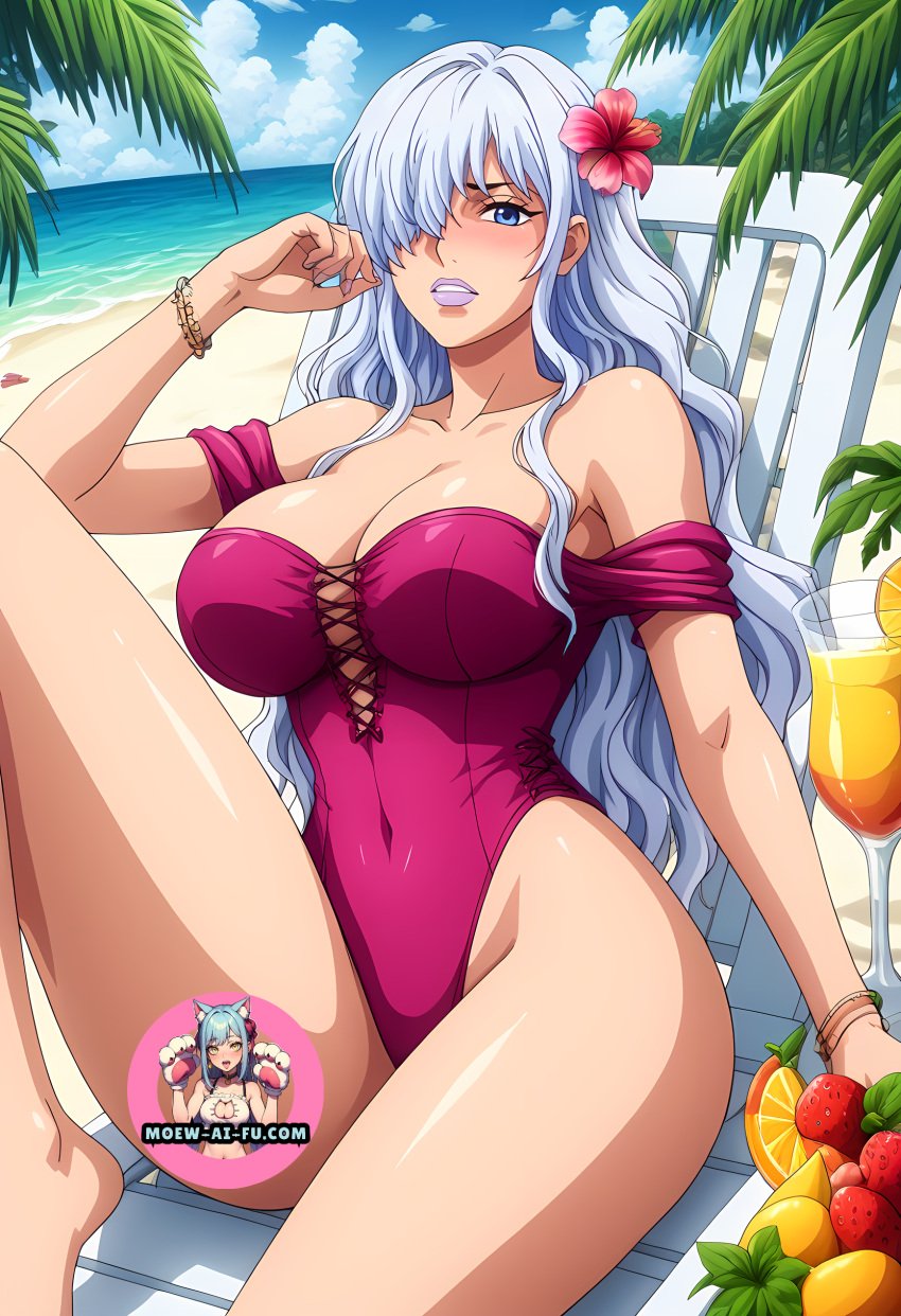 1female 1girls 2d ai_generated ass beach big_ass big_breasts big_hips big_thighs bikini boobs_bigger_than_head breasts charlotte_smoothie dark-skinned_female dark_skin female female_focus female_only flat_colors giantess gigantic_breasts hips massive_breasts one-piece_swimsuit one_piece sea seaside shiny_skin solo solo_focus standing swimsuit tan_body tattoo thick_thighs thighs unrealistic_proportions voluptuous voluptuous_female white_hair