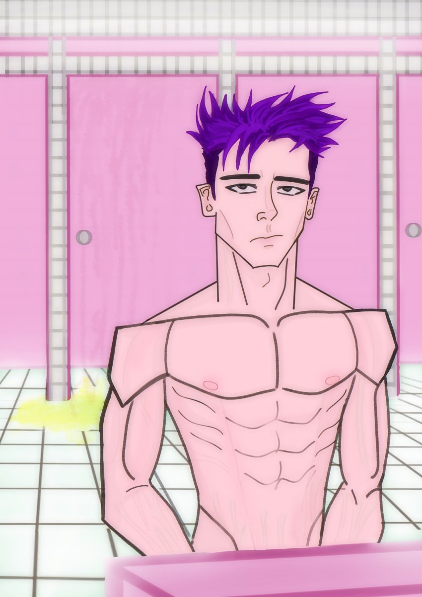 abs athletic_male bathroom black_eyes boy handsome korean_male lean_body peeing pink_nipples public_restroom purple_hair shaved_pubes squid_game t.o.p thanos_(squid_game) toilet urinal urinal_use urination vein young