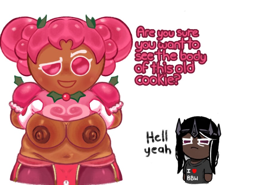 bbw big_breasts chubby chubby_female cookie cookie_run cookie_run_kingdom crown dark_cacao_cookie dark_skin dress flashing hear_me_out hollyberry_cookie milf oiled salchipapaasada sigma twintails white_background