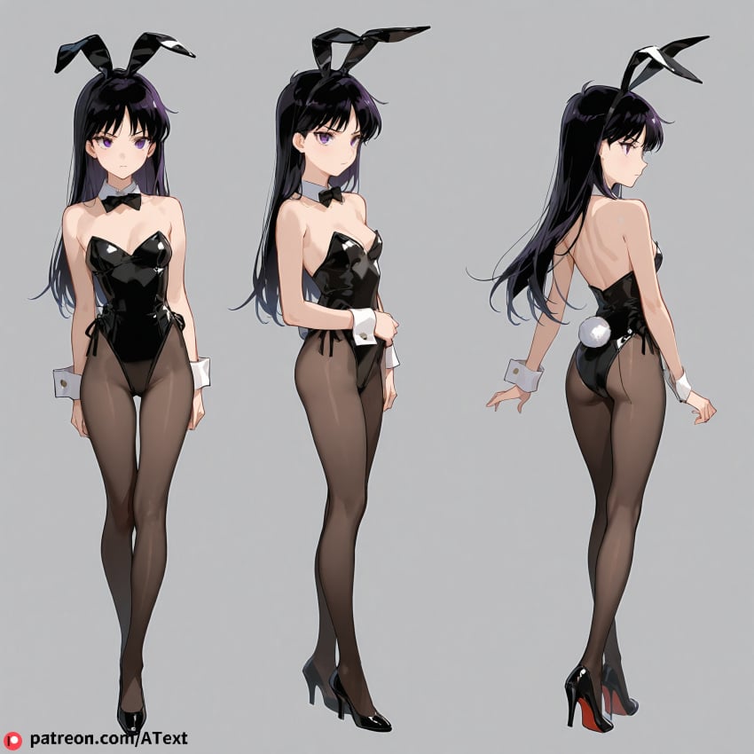 ai_generated angry bishoujo_senshi_sailor_moon bunnysuit high_heels model_sheet purple_eyes purple_hair rei_hino small_breasts