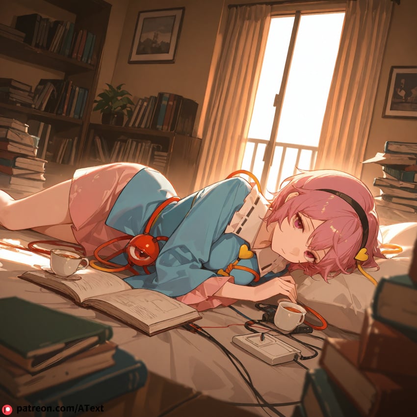 ai_generated beautfiul_background book_stack cable fear komeiji_satori lying medium_breasts notebook otaku_room stunning_backgroud tea