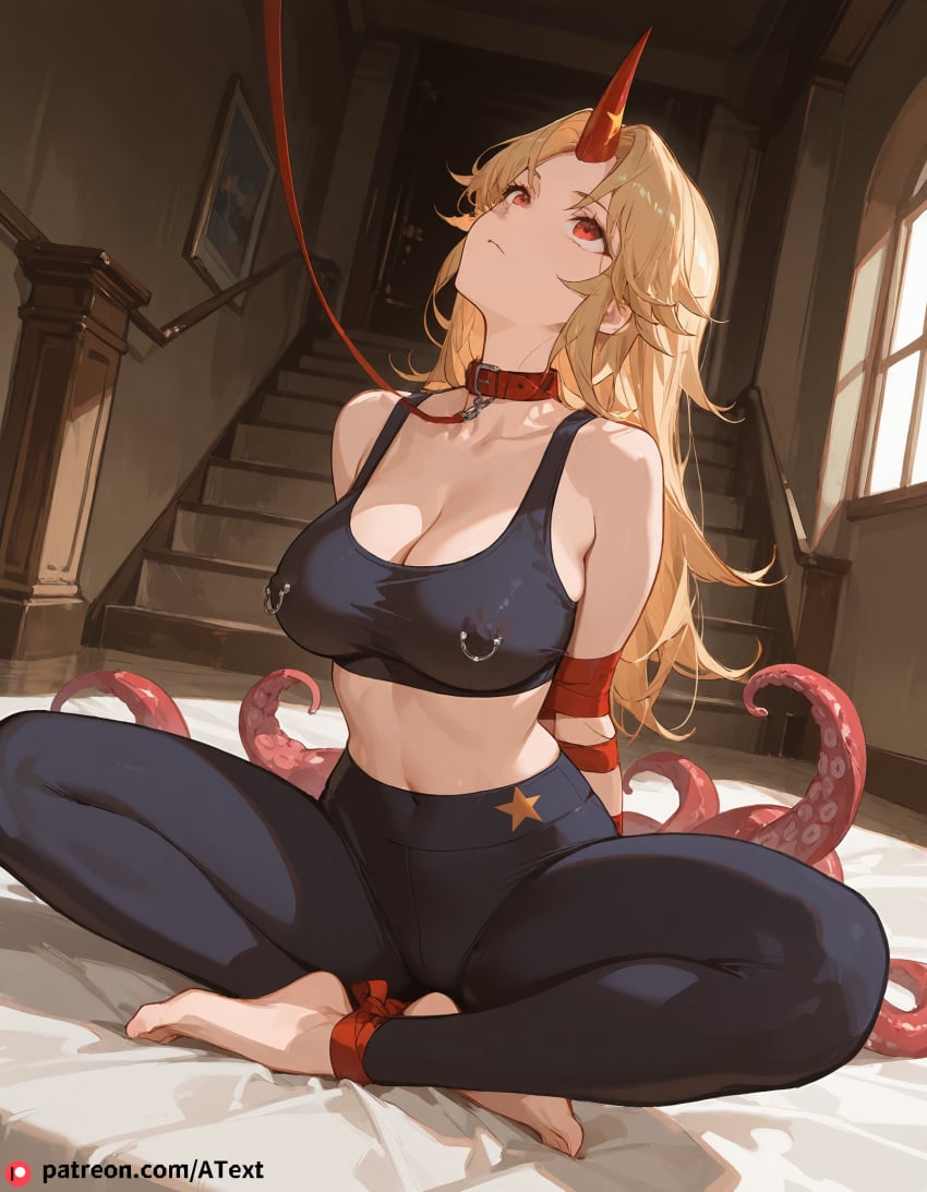 1girls ai_generated blonde_hair bondage breasts crazy feet horn hoshiguma_yuugi large_breasts leash leash_and_collar looking_up nipple_piercing posing raised red_eyes sitting_on_bed sports_bra spread_legs stairs tentacle tied_ankles tied_up tied_wrists toes touhou yoga_pants