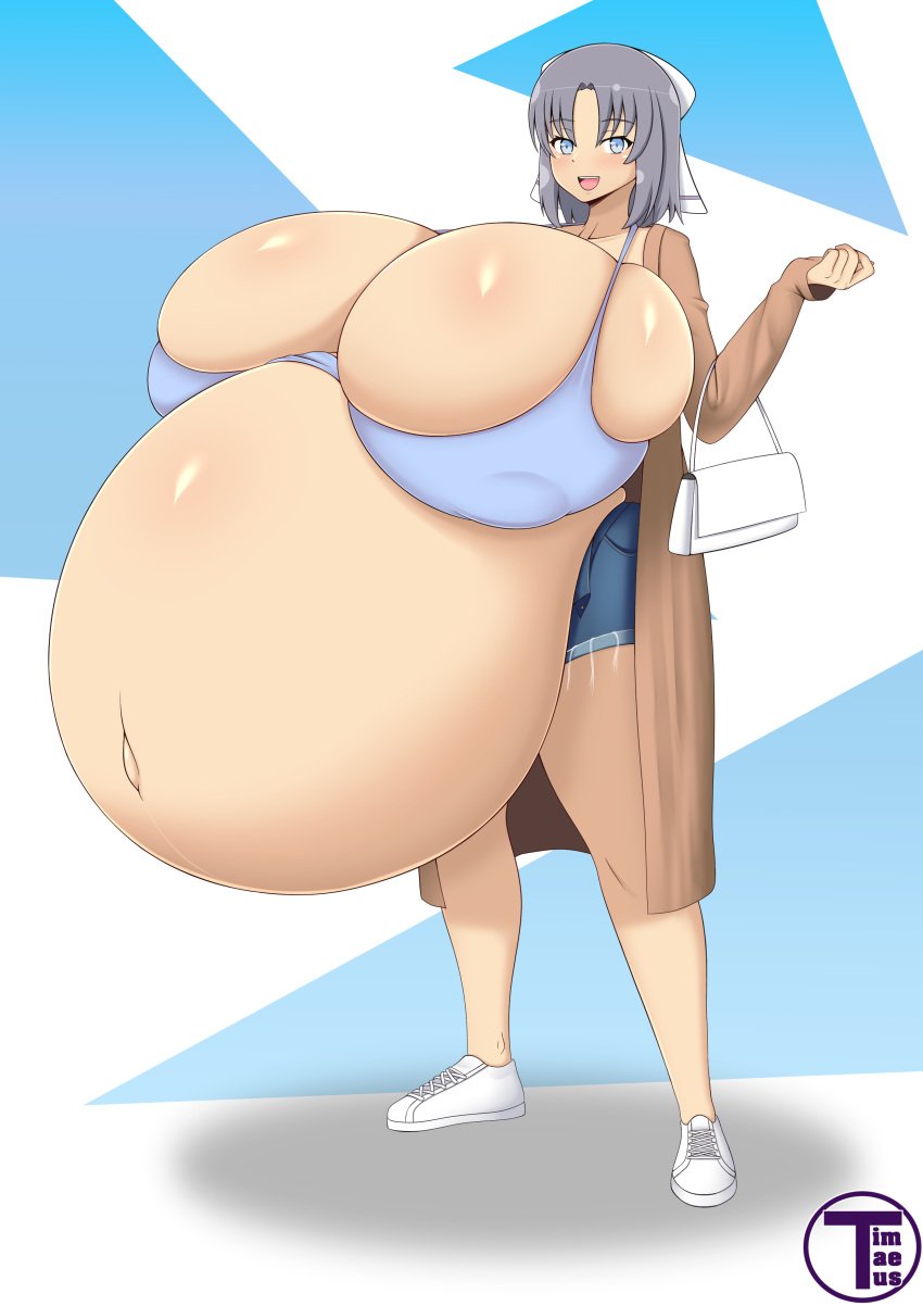 1girls alternate_breast_size artist_name belly bloated_belly blue_eyes blush breasts breasts_bigger_than_head clothed clothing female female_focus gigantic_belly gigantic_breasts grey_hair handbag hyper hyper_belly hyper_breasts hyper_pregnancy looking_at_viewer pregnant pregnant_female ready_to_pop round_belly senran_kagura shoes short_hair shorts simple_background skindentation smile standing timaeus yumi_(senran_kagura)