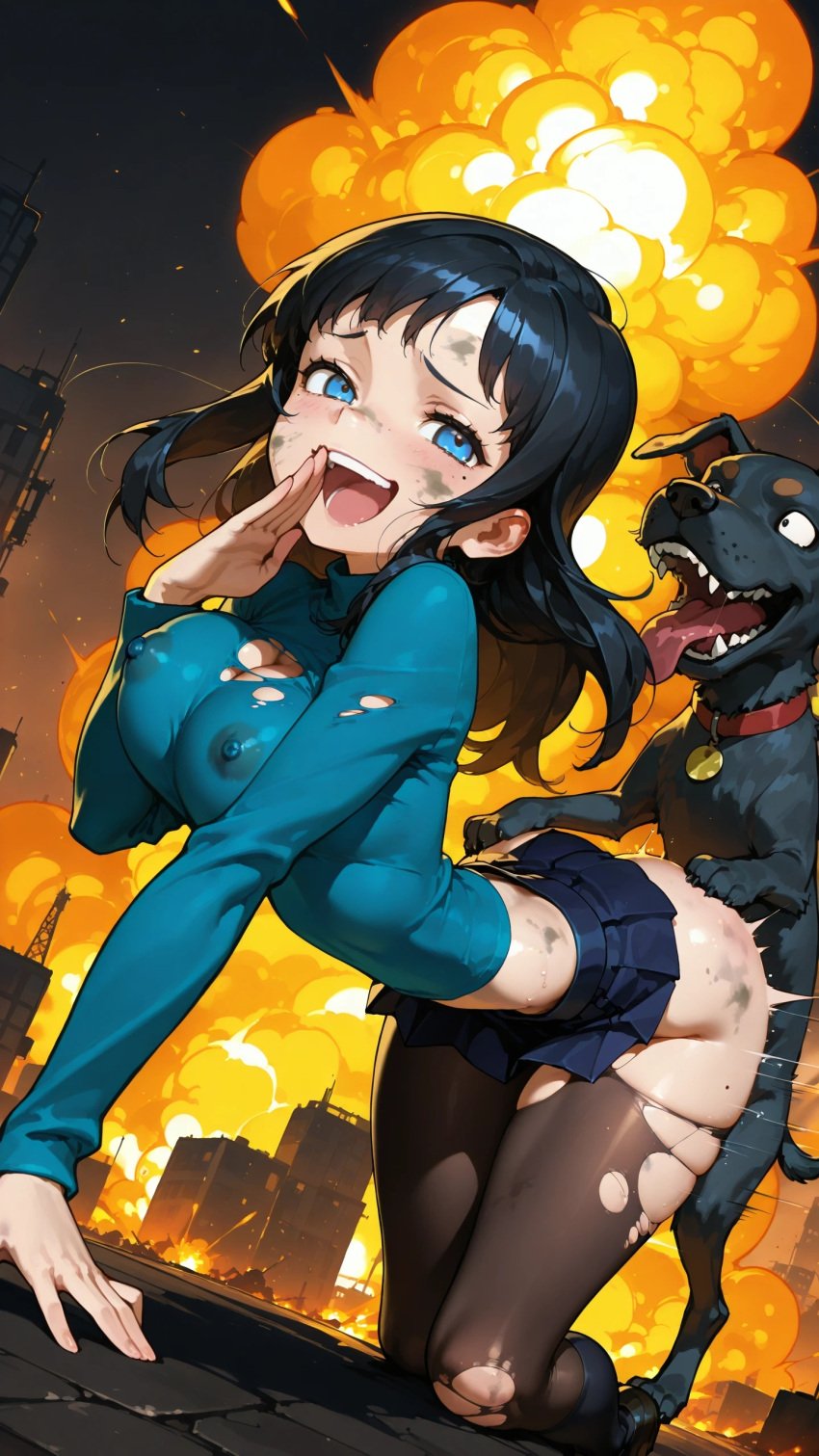 ai_generated black_hair blue_eyes canine canine_on_human cartoony city city_destruction doggy_style domestic_dog explosion female fire girl interspecies joke lo long_hair longi skirt smile torn_clothes zoophilia zoophilia