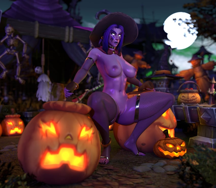 1girls 3d big_breasts blizzard_entertainment female female_only halloween mrtaxman night_elf nude purple_hair purple_skin raelisenna_nightdream solo spread_legs squatting stockings thick_thighs voluptuous voluptuous_female warcraft wide_hips witch_hat world_of_warcraft