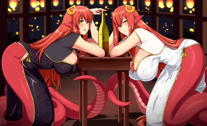 2girls big_breasts fully_clothed huge_breasts lamia large_breasts lindaroze miia's_mother_(monster_musume) miia_(monster_musume) monster_musume_no_iru_nichijou mother_and_daughter new_year red_hair tagme wine_bottle year_of_the_snake yellow_eyes