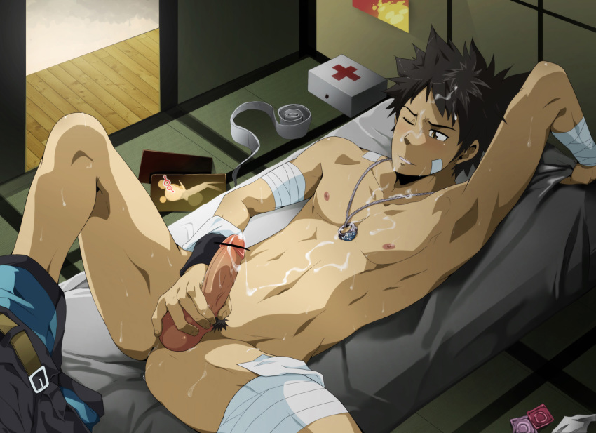 1boy abs bandages bar_censor black_hair black_monkey cum cum_on_abs cum_on_nipples cum_on_self happy high_resolution katekyo_hitman_reborn katekyo_hitman_reborn! male male_nipples male_only masturbation mazjojo muscle necklace solo sweat takeshi_yamamoto yamamoto_takeshi