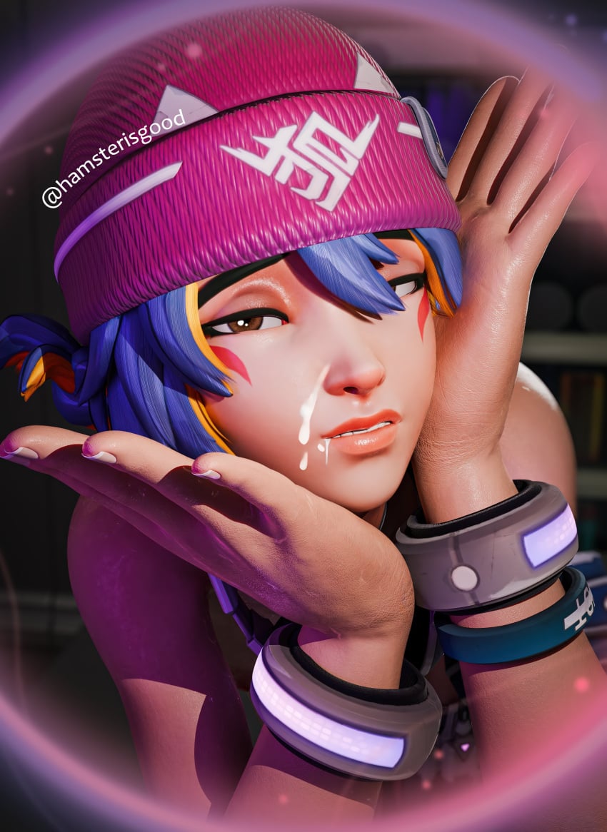 1girls 3d asian asian_female beanie blizzard_entertainment blue_hair cum cum_on_face female hamsterisgood kiriko_(overwatch) overwatch solo