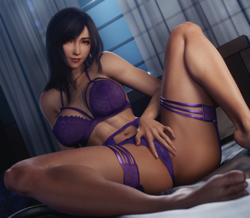 3d bedroom big_breasts black_hair bra curtains earrings final_fantasy final_fantasy_vii final_fantasy_vii_rebirth final_fantasy_vii_remake fit_female highres lingerie lingerie_only long_hair looking_at_viewer night panties pink_bra pink_lingerie pink_thong posing red_eyes ria-neearts seductive sitting_on_floor spread_legs spread_pussy thong tifa_lockhart toned touching_pussy