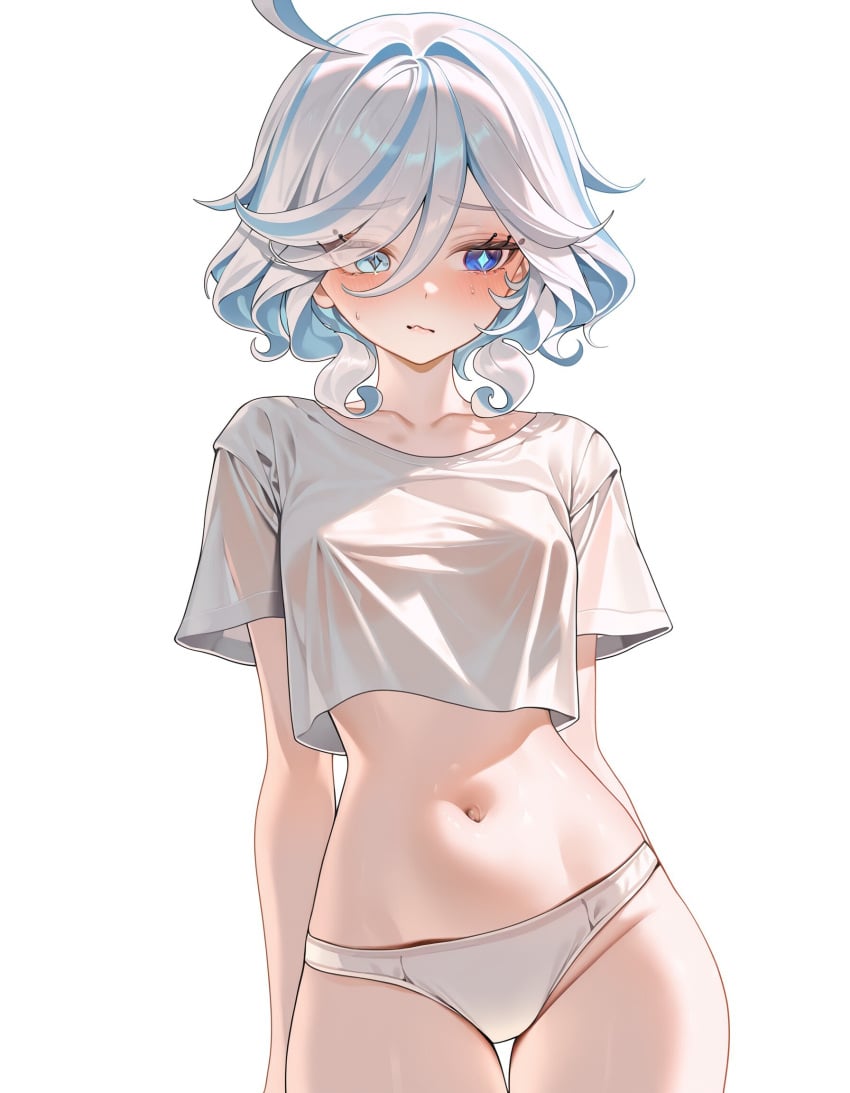 1girls ai_generated belly belly_button blue_eyes blush breasts cute female furina_(genshin_impact) genshin_impact midriff nipples panties petite petite_body see-through see-through_clothing shirt shy small_breasts solo white_hair