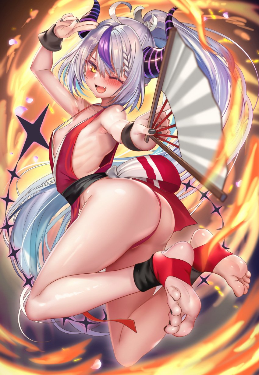 black_nails fan fangs feet foot_focus hololive huge_ass jumping king_of_fighters la+_darknesss mai_shiranui mai_shiranui_(cosplay) nail_polish one_eye_closed painted_nails petite ribs small_breasts smile soles street_fighter_6 thick_thighs toes v virtual_youtuber wide_hips