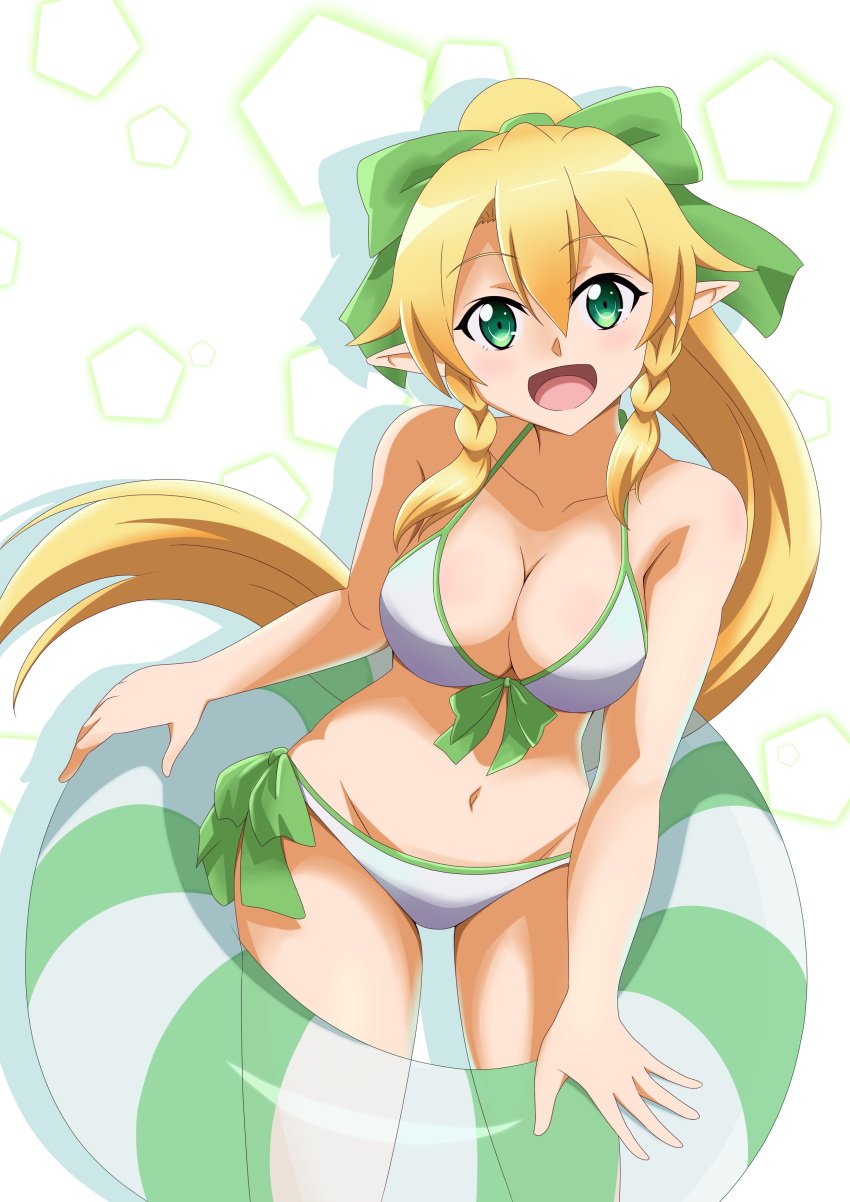 :d absurd_res alluring bikini blonde_hair bow braid cleavage collarbone female floating_hair front-tie_bikini_top front-tie_top green_bow green_eyes hair_between_eyes hairbow halterneck high_ponytail high_res innertube ken-ji leafa leaning_forward long_hair looking_at_viewer medium_breasts midriff navel open_mouth pointy_ears ponytail side-tie_bikini_bottom sidelocks smile standing stomach swim_ring swimsuit sword_art_online twin_braids very_long_hair white_background white_bikini