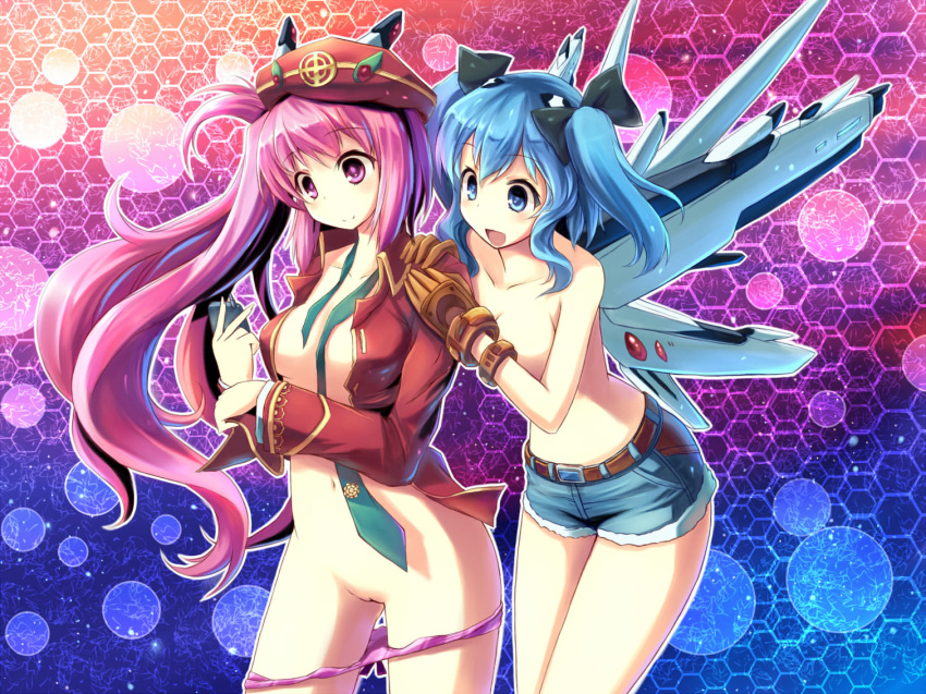 2girls blue_eyes blue_hair bow gloves hairbow hat honeycomb_background hoshi_no_gen long_hair mechanical_wings multiple_girls navel necktie no_bra original panties panty_pull pink_eyes pink_hair pink_panties pussy shorts tied_hair topless twintails underwear wings