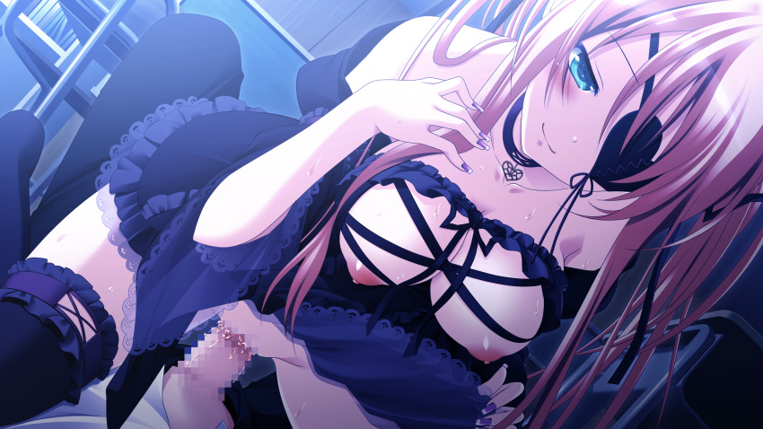 blonde_hair blush breasts censored eye_patch game_cg makita_maki nipples penis pussy_juice sex shinigami_no_testament tolstaya_e_irina wet