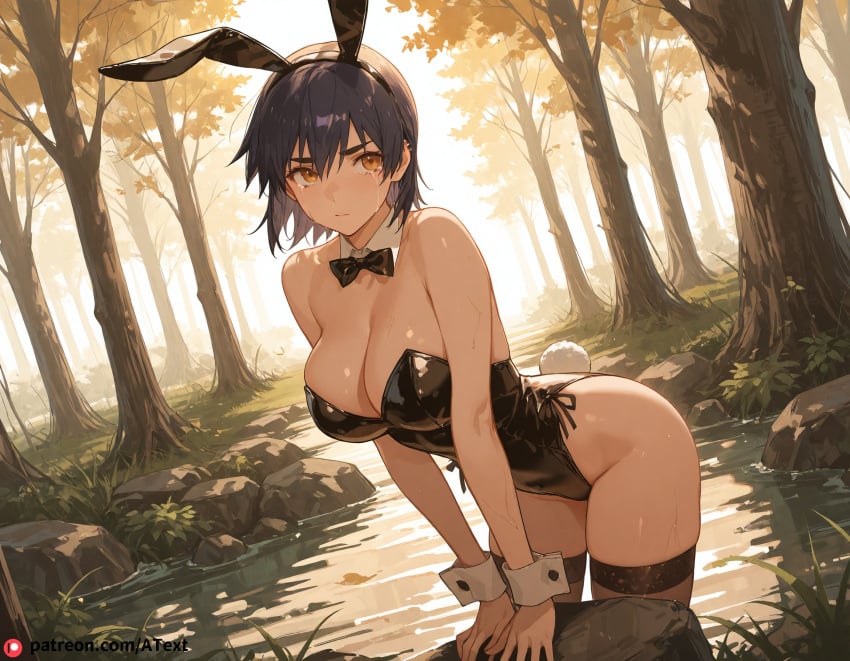 ai_generated beautfiul_background bright_daylight bunnysuit forest half-exposed huge_breasts kanbaru_suruga stormy streaming_tears stunning_backgroud windy