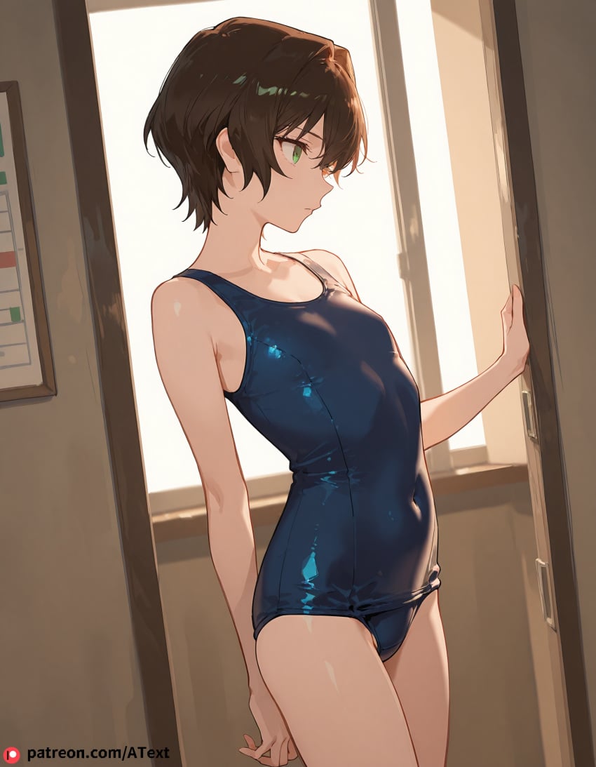 1girls ai_generated blue_swimsuit brown_hair detective_conan female female_only flat_chest green_eyes masumi_sera one-piece_swimsuit school_swimsuit short_hair side_profile solo_female