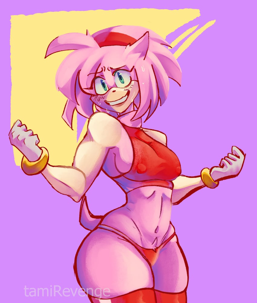 absurd_res accessory amy_rose anthro bodily_fluids bracelet breasts clothing crop_top eulipotyphlan eyebrow_through_hair eyebrows female fur gloves green_eyes hair hair_accessory hairband handwear hedgehog hi_res jewelry mammal nervous_smile nipples_visible_through_clothing pink_body pink_fur sega shirt side_boob solo sonic_(series) sonic_the_hedgehog_(series) sweat tail tamirevenge tan_body tan_skin thick_thighs thong topwear translucent translucent_hair underwear