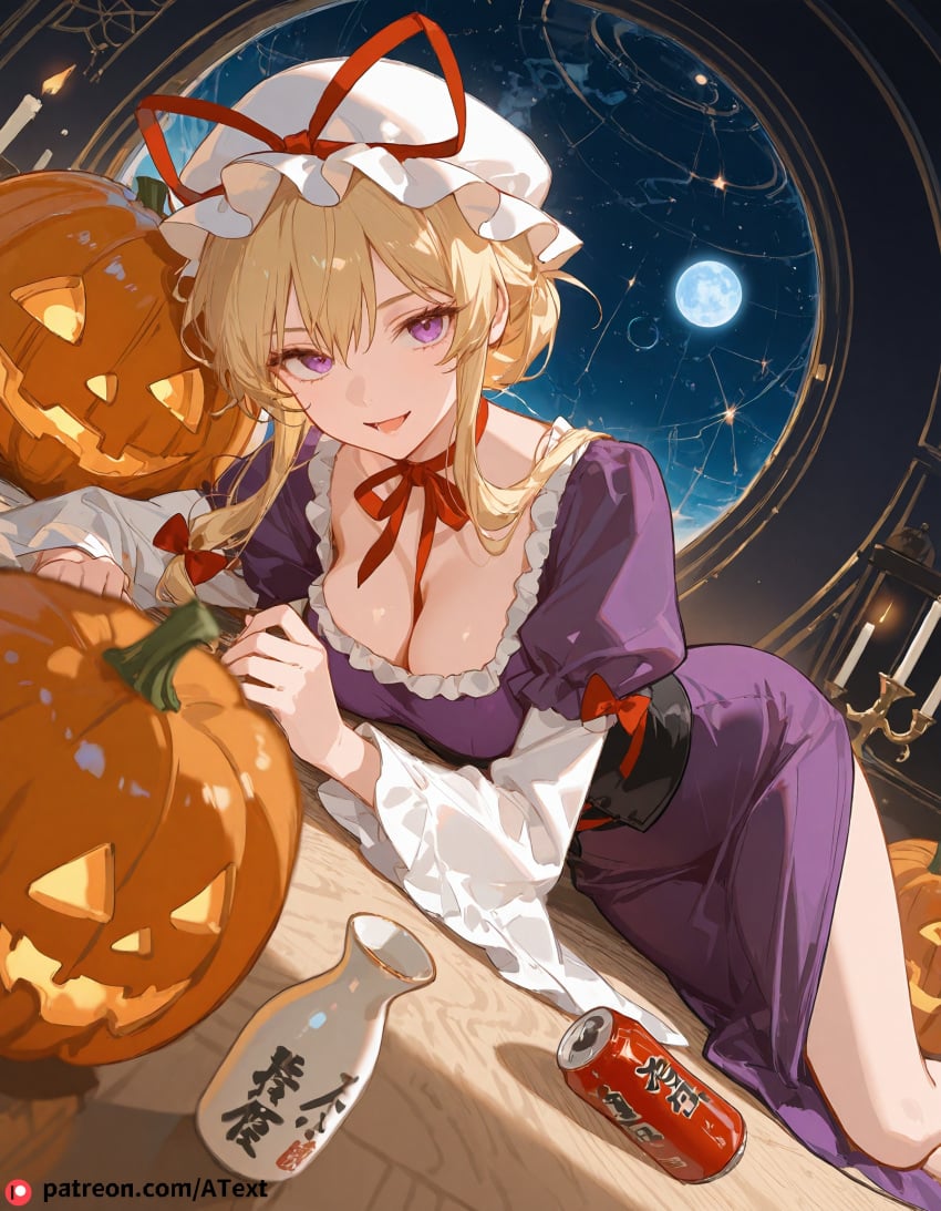 1girls :d ai_generated beautfiul_background breasts dim_candlelight female jack-o'-lantern lying_seductive medium_breasts planetarium sake soda_can stunning_backgroud touhou woman yakumo_yukari