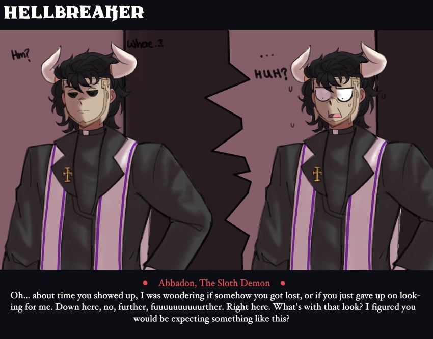 absurd_res black_hair commission cross dark_skinned_male dialogue digital_media digital_media_(artwork) doocen doocen_(doocen) helltaker horns mask masked_male priest short_hair surprised surprised_expression text two_panel_image