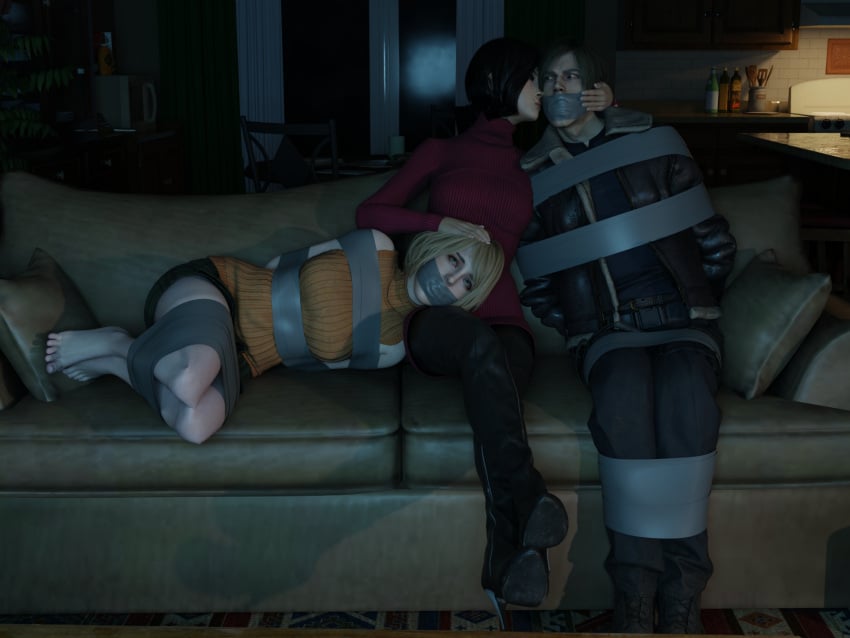 3d ada_wong ashley_graham bondage clothed cuddling feet femdom gag gagged heels leon_scott_kennedy living_room resident_evil resident_evil_4_remake soles tape_bondage taped_mouth theblendertaper toes