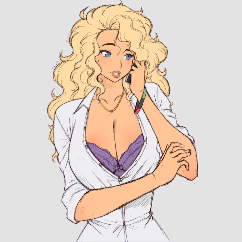 blonde_hair blue_eyes bra bra_showing cleavage fluffy_hair huge_breasts lace-trimmed_bra necklace oc original_character pan_african_colors purple_bra simmsy sophia_vandyke talking_on_phone wavy_hair